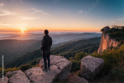 silhouette of person standing on top of mountain, A silhouette of a person standing on a cliff