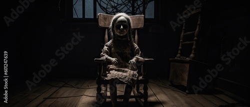creepy doll sitting on a rocking chair in a dimly lit room with cobwebs hanging from the ceiling Generative AI