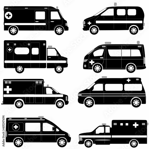 Set of different silhouette icon ambulance car. Vector illustration