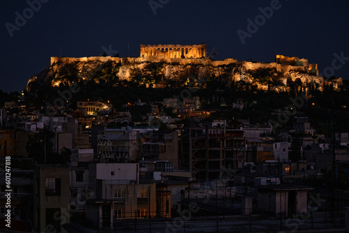 Illuminated Acropolis hill at night. Athens after sunset.