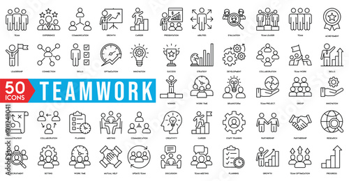 Business teamwork, team building, work group and human resources minimal thin line web icon set. Outline icons collection. Simple vector illustration photo