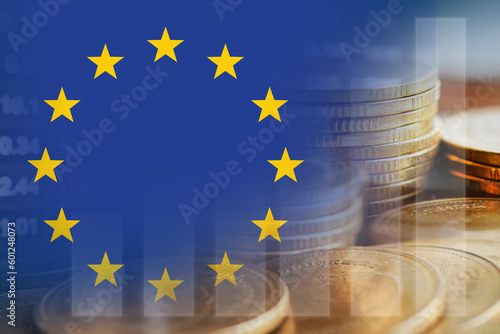 European Union EU flag with stock market finance, economy trend graph digital technology. photo