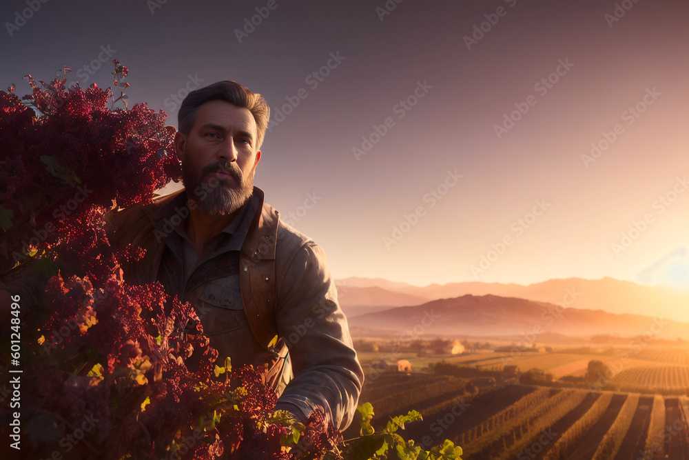 Fototapeta premium Digital painting of a senior bearded Farmer harvesting fresh Bunch of red grapes from the plant on a Sunny Day. Concept of ecological environment. Generative AI