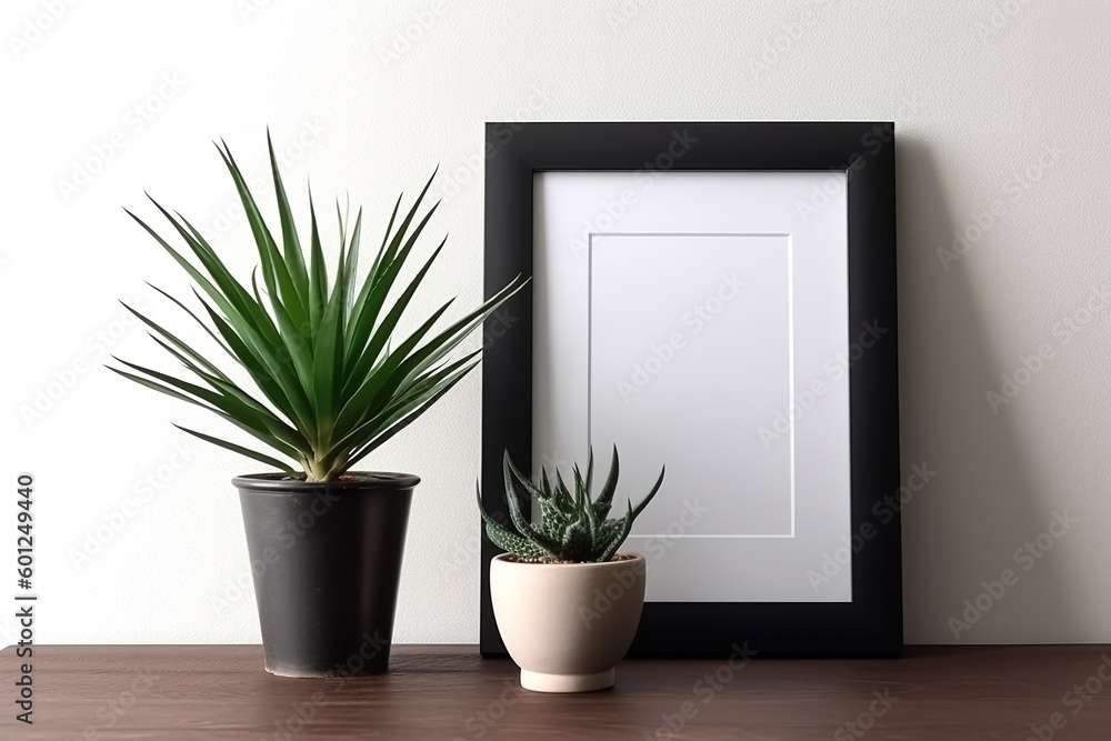 Fototapeta premium A mockup black or wooden frame with a white mat for an 8x10 inch photograph for modern or minimalist decor