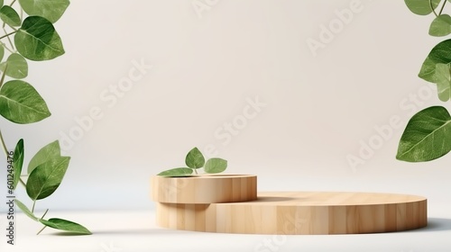 Wood podium with green leaves and natural stones, Background for cosmetic products of natural color, Generative Ai © Deep Ai Generation