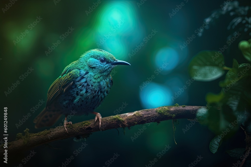 Fototapeta premium small bird standing on branch in greenery, background