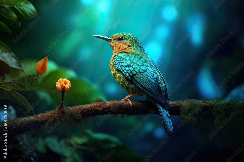 small bird standing on branch in greenery, background small bird standing on branch in greenery, background