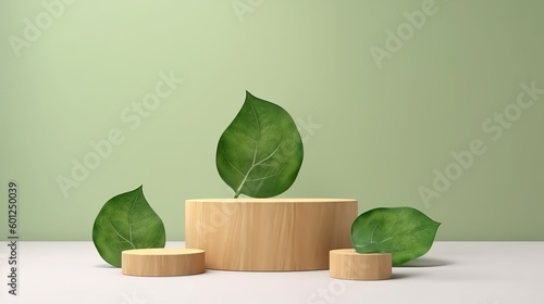 Wood podium with green leaves and natural stones, Background for cosmetic products of natural color, Generative Ai © Deep Ai Generation