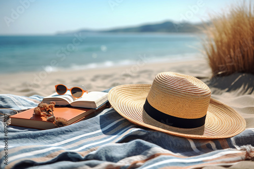 Beach day essentials in summer. Straw Hat, Beach Towel, Sunglass. Generative AI.