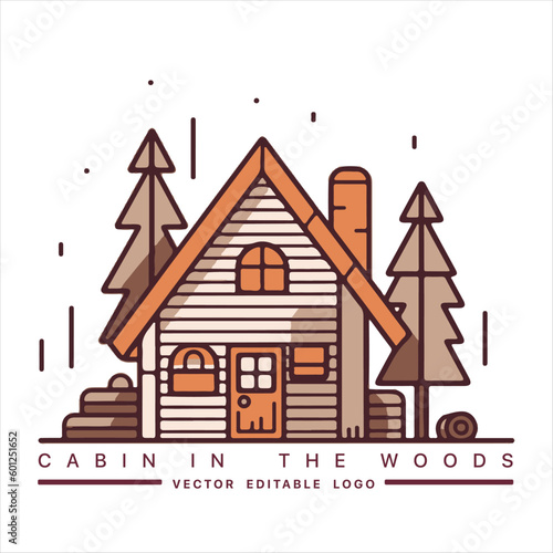 Wood cabin logo template. Cabin in the woods vector illustration. Cabin rentals logo. Chalet in the forest sticker