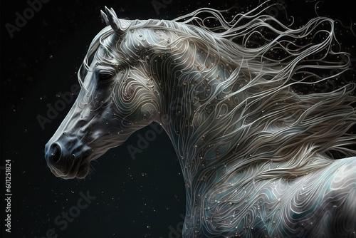 An image of an imaginary white horse's head on black background. Wildlife Animals. Illustration. Generative AI.