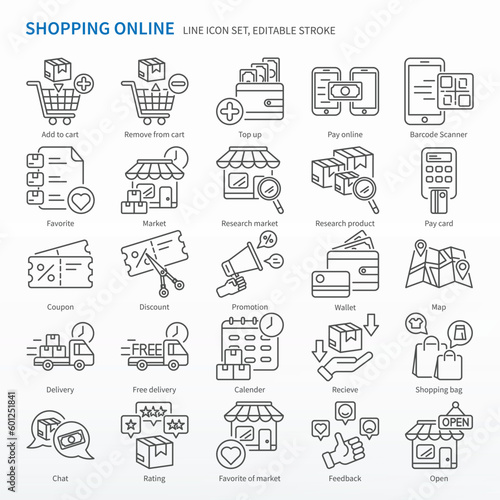 Shopping online icon set - Editable stroke. Pixel perfect vector, Thin line Icons. Same as add to cart, top up, pay online, research market, chat, wallet, map; location, delivery, feedback, etc.