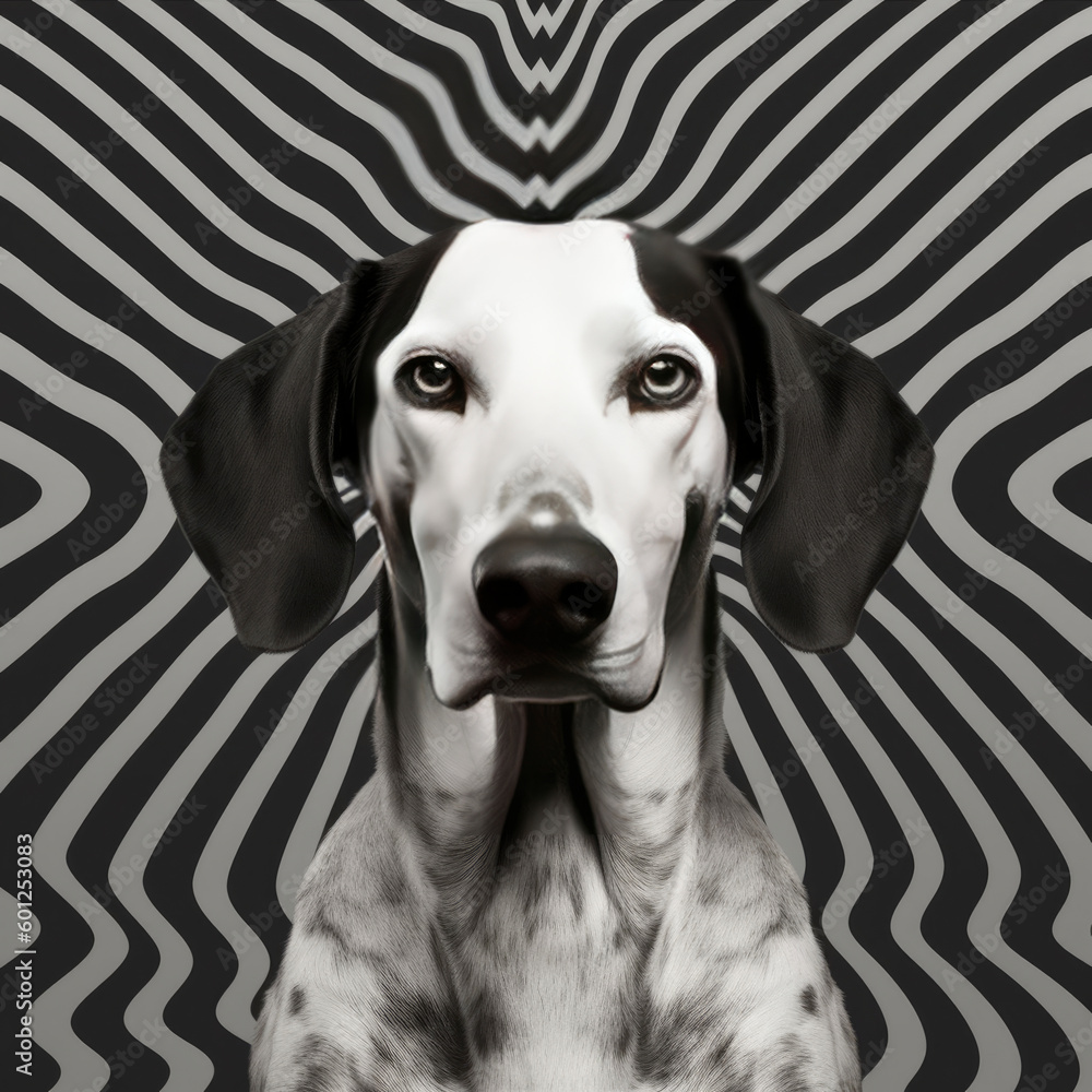 Dachshund dog portrait on a black and white striped background. doppler effect