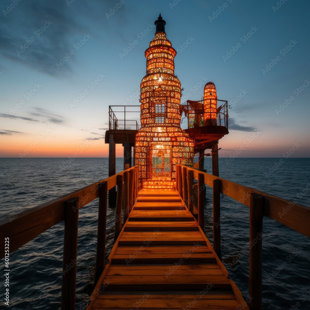 Lighthouse in the sea at sunset. Beautiful sunset over the sea. Lighthouse in the sea at sunset. Beautiful sunset over the sea.