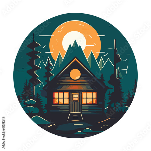 Wood cabin logo template. Cabin in the woods vector illustration. Cabin rentals logo. Chalet in the forest sticker