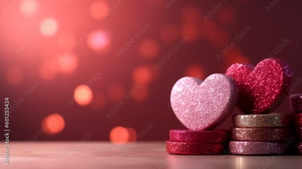 Stacked heart shaped gift boxes with shiny glitters backgrounds, great for valentine's event.