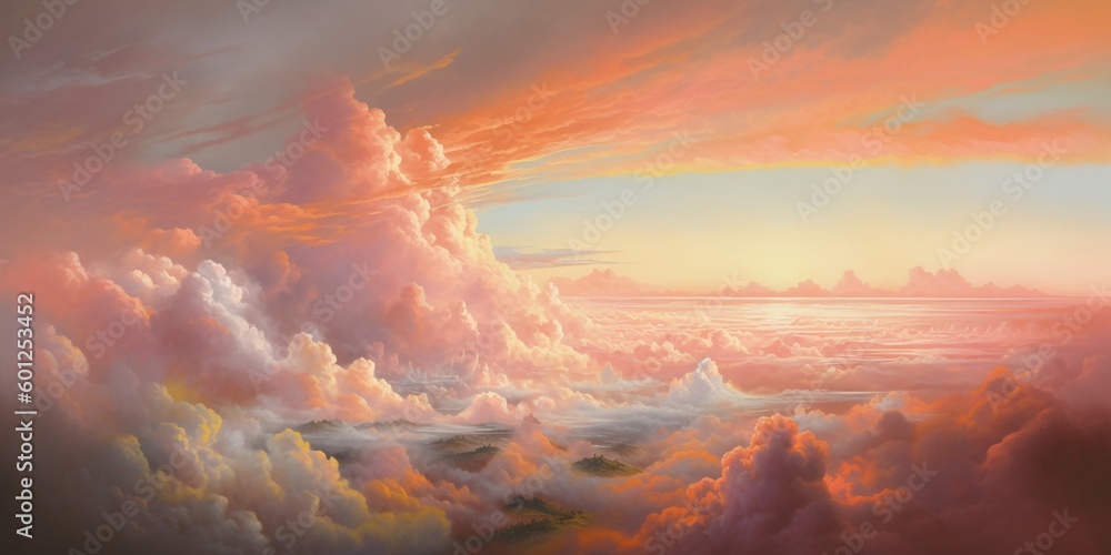 pink and orange cloudscape background, romantic fantasy scene concept