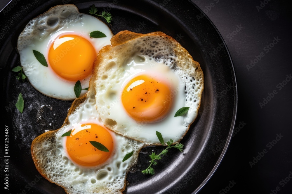 Three Fried Eggs in a Black Pan Top Down View Generative Ai Breakfast Food Three Fried Eggs in a Black Pan Top Down View Generative Ai Breakfast Food