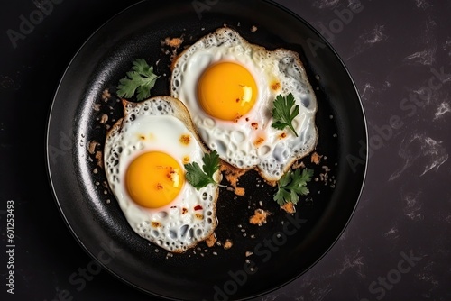 Two Fried Eggs in a Black Pan Top Down View Generative Ai Breakfast Food