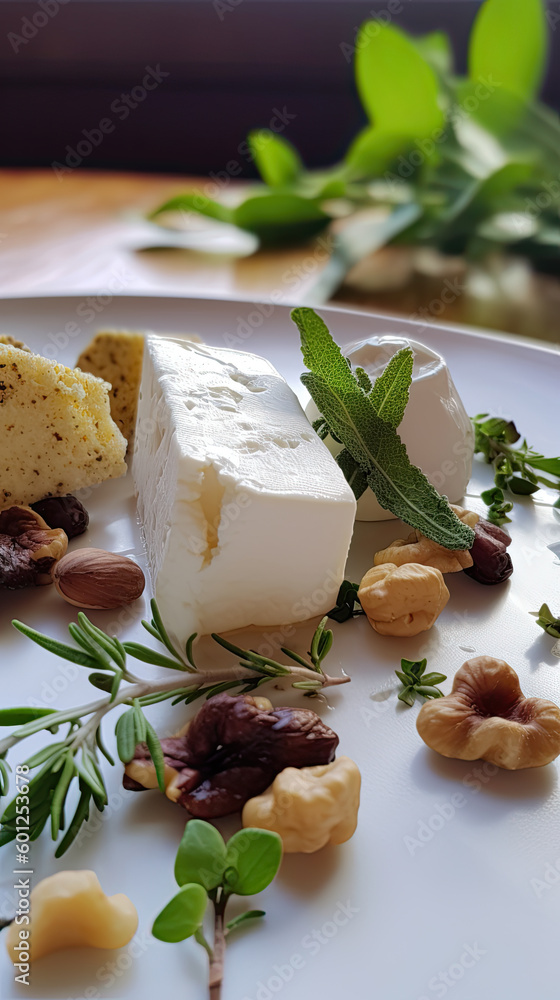 Buratta cheese with persimmon and nuts appetizer. Generative AI Buratta cheese with persimmon and nuts appetizer. Generative AI