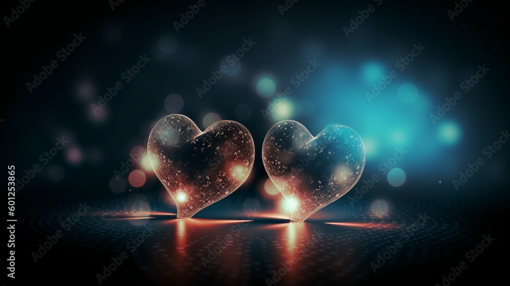 Two glowing heart shaped light on blur romantic background, great for valentine's event backgrounds. Two glowing heart shaped light on blur romantic background, great for valentine's event backgrounds.