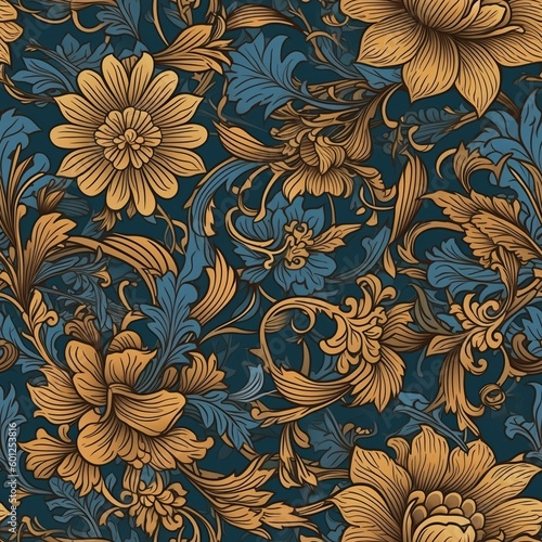 Seamless blossom pattern backgrounds, vintage luxury style, blue, golden and yellow.