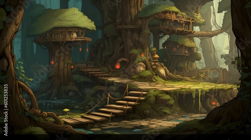 Tree home in forest background illustration  fantasy game scene concept design