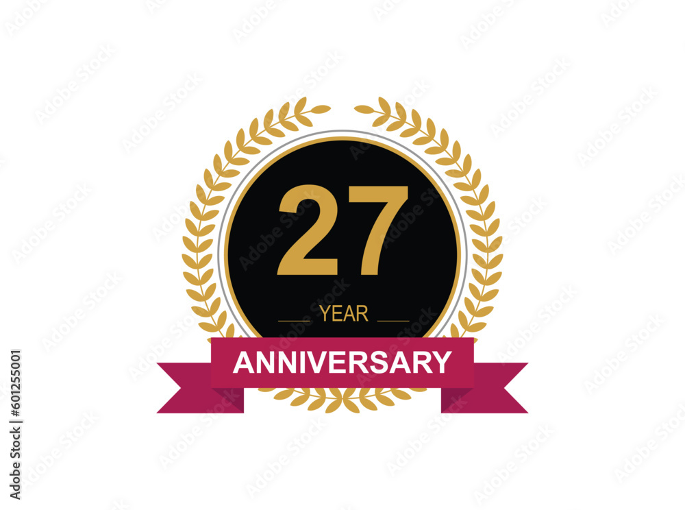 27th Anniversary Celebration. Anniversary logo design with golden color laurel wreath for birthday celebration event, invitation, greeting card, banner, poster, flyer, flyer. 27th Anniversary Celebration. Anniversary logo design with golden color laurel wreath for birthday celebration event, invitation, greeting card, banner, poster, flyer, flyer.
