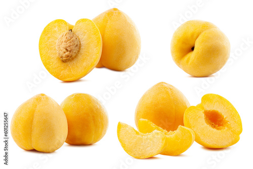 set of yellow peach fruit isolated on white background.