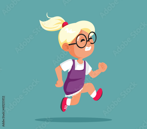 Scared Little Girl Running Away Vector Cartoon Illustration. Fearful child escaping from terrible threat and distress 
