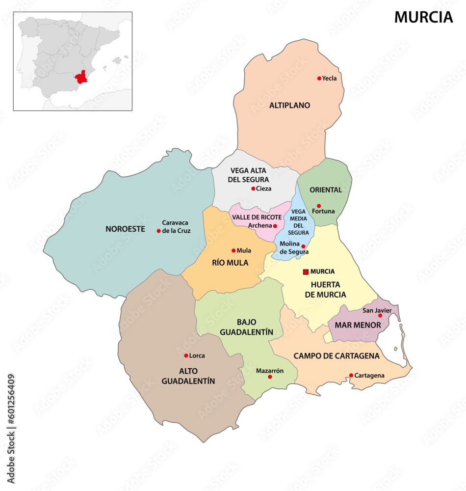 Administrative map of the regions in the Spanish Autonomous community of Murcia
