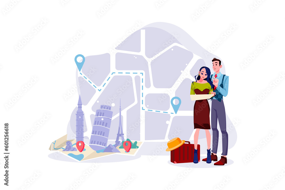 Naklejka premium A couple is researching new places on the map