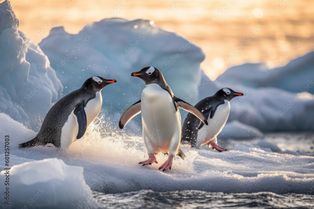 Obraz premium Antarctic Penguins in the South Pole, Stunning Scenic Landscape Wallpaper, Generative AI
