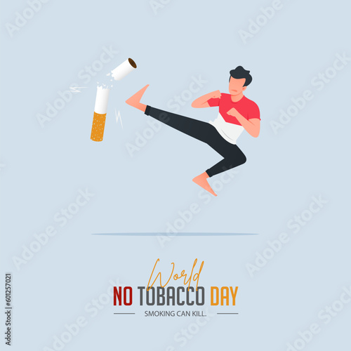 May 31st World No Tobacco Day poster design. Man kicking boxing cigarette defines to man fighting to quit smoking. Stop smoking poster for disease warning. No smoking banner. 