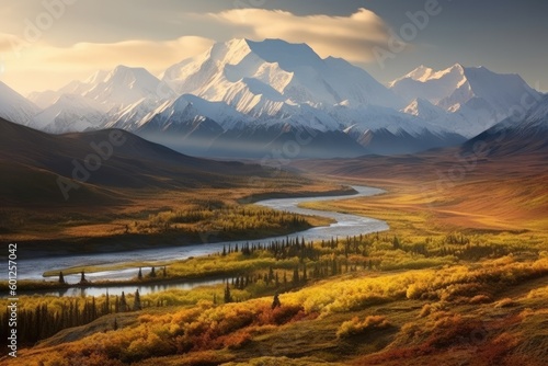 Mount Denali National Park, River Valleys and Meadows in Autumn, Stunning Scenic Landscape Wallpaper, Generative AI photo