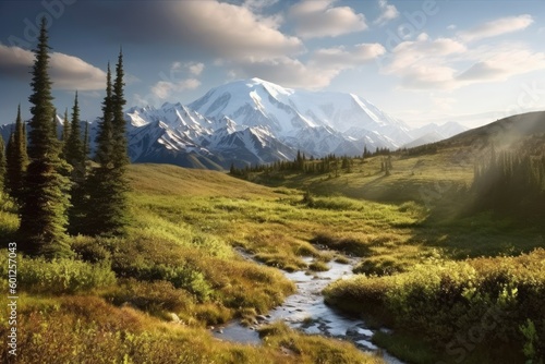Mount Denali National Park in Alaska, River Valleys and Meadows in Summer, Stunning Scenic Landscape Wallpaper, Generative AI