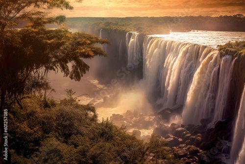 Iguazu Waterfalls in South America at Sunset, Stunning Scenic Landscape Wallpaper, Generative AI photo