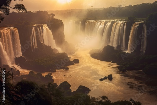 Iguazu Waterfalls in South America at Sunset, Stunning Scenic Landscape Wallpaper, Generative AI photo