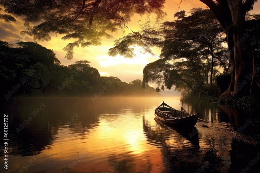 Canoe on Amazon Rain River and near Rain Forest Ecosystem in South America, Stunning Scenic Landscape Wallpaper, Generative AI