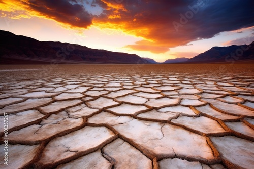 Death Valley National Park Mud Cracks and Desert at Sunset, Stunning Scenic Landscape Wallpaper, Generative AI