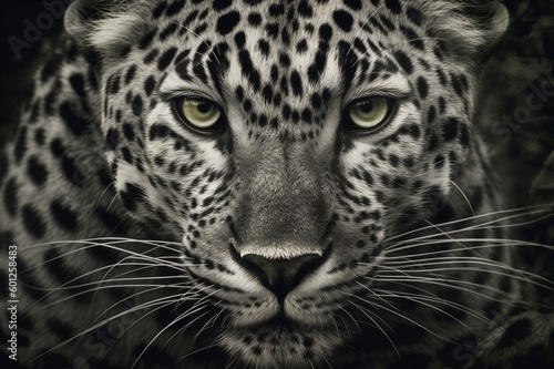 Fotografía en blanco y negro de un leopardo. Retrato.