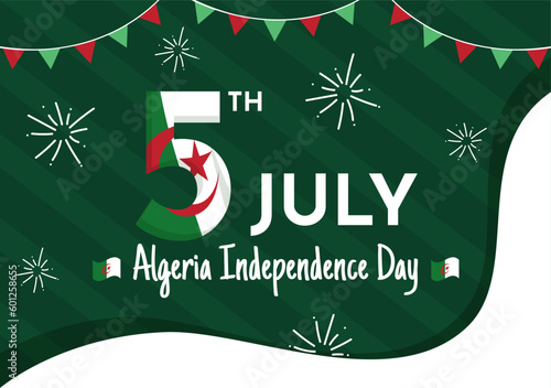 Happy Algeria Independence Day Vector Illustration with Waving Flag in Flat Cartoon Hand Drawn Landing Page Green Background Templates photo
