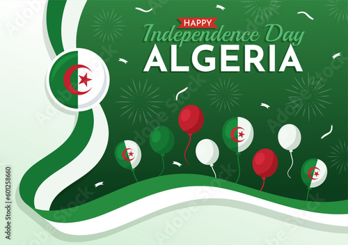 Happy Algeria Independence Day Vector Illustration with Waving Flag in Flat Cartoon Hand Drawn Landing Page Green Background Templates photo