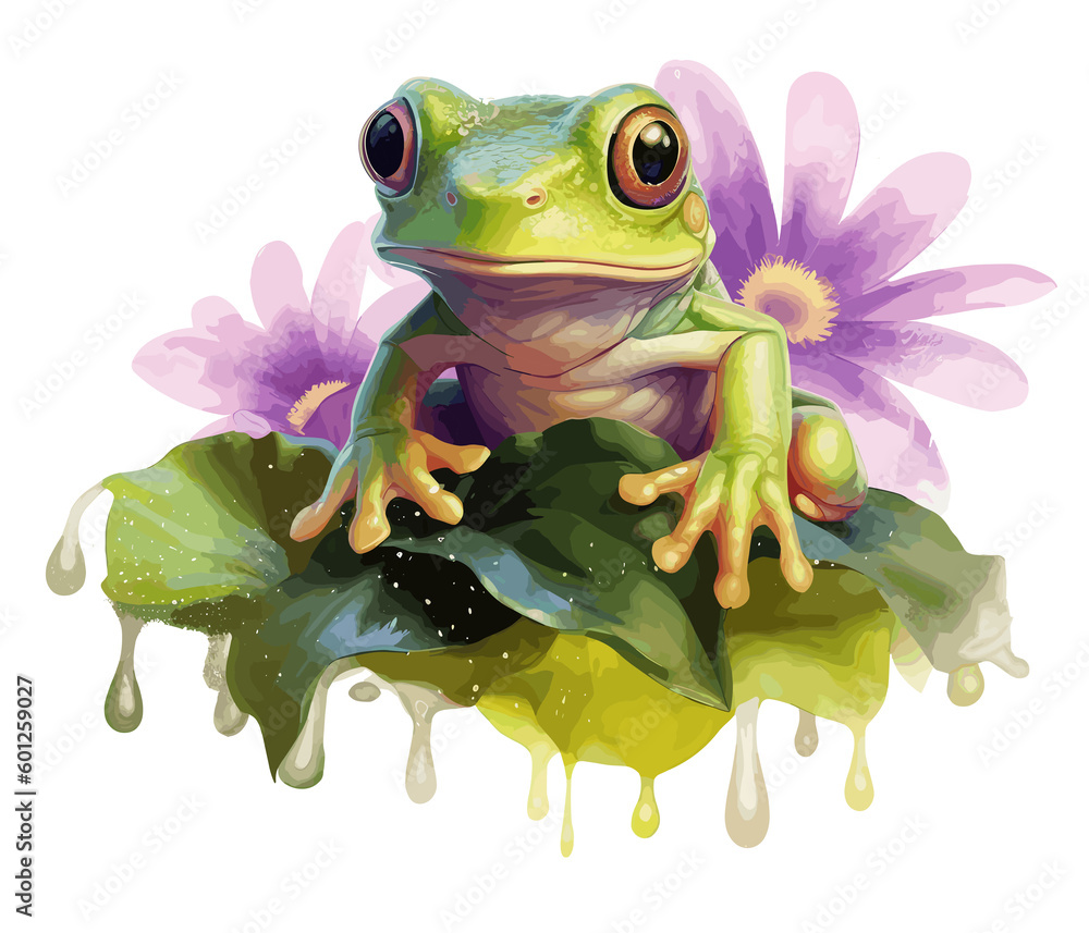 Adorable Baby Frog with Flowers Watercolor Illustration Stock Illustration
