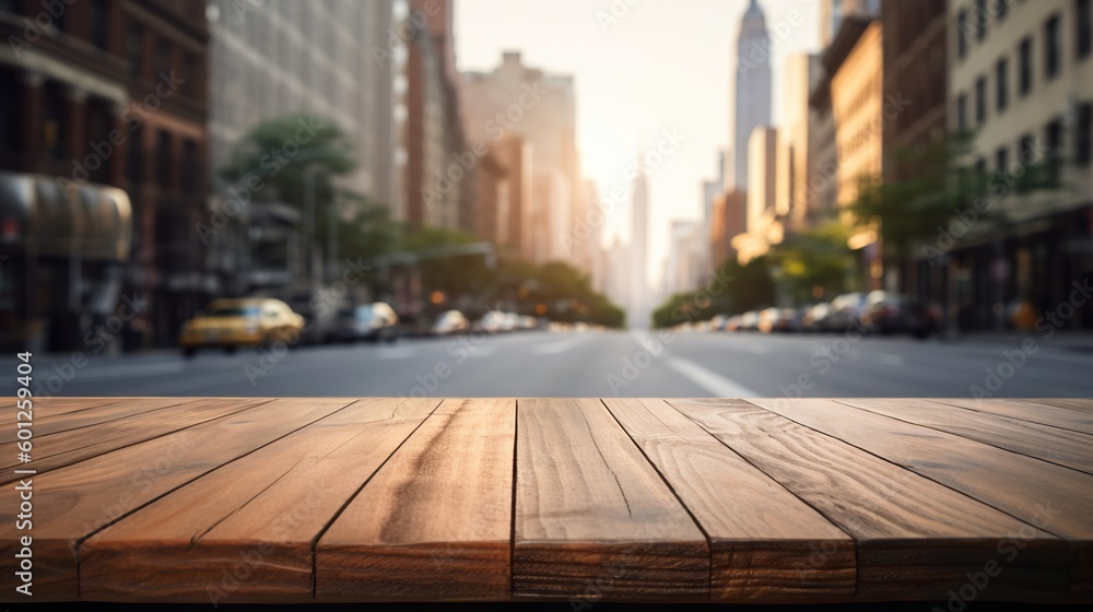 Wood table mockup with New York city street in shallow depth of field. Copy space for product. Generative AI