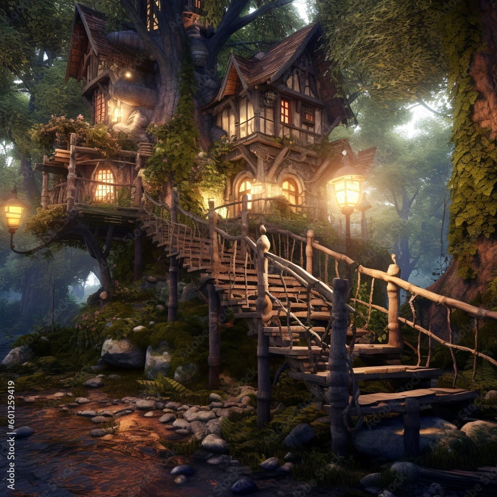Digital art of a treehouse in a forest created using generative AI. Digital art of a treehouse in a forest created using generative AI.