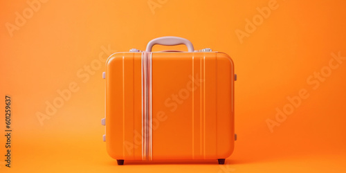 Orange travel suitcase, on orange background. Trip concept. Generative AI