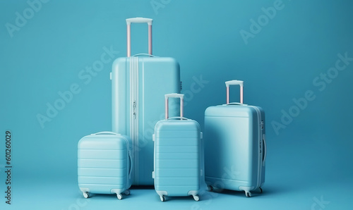 Blue travel suitcase with wheels, on blue background. Trip concept. Generative AI