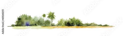 Watercolor sand beach with palms and bushes, isolated on white background. Horizontal bar element, divider, separator, footer for your design. Vector illustration.