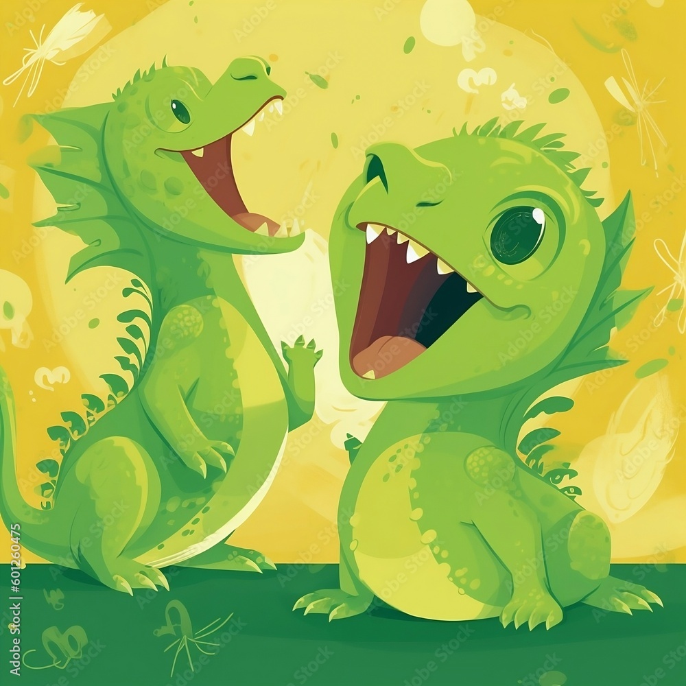 Obraz premium Two cute green baby dragons on the yellow background created with Generative AI technology